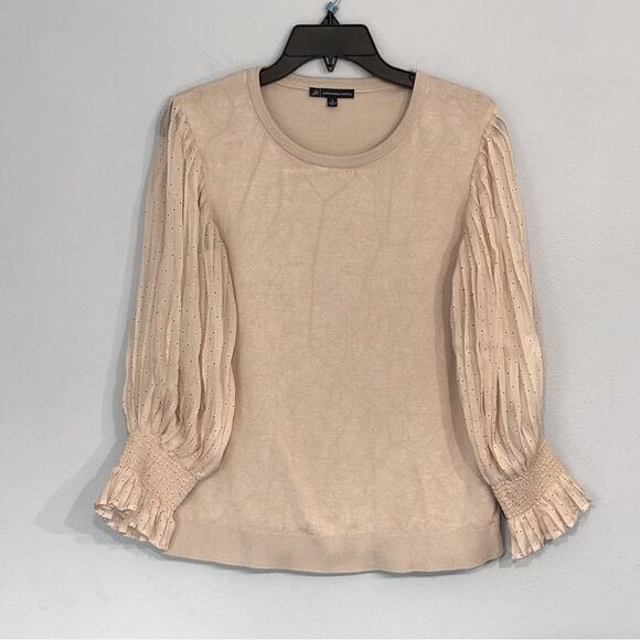 Adrianna Papell Tan Pleated Polka Dot Chiffon Sleeve Knit Crewneck Beige Sweater - Picture 1 of 15